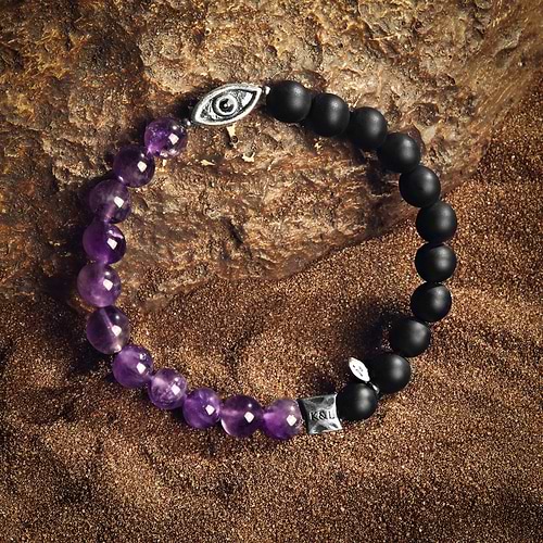 Karma and Luck  Bracelet  -  Soothing Protection - Amethyst Matte Onyx Evil Eye Charm Bracelet