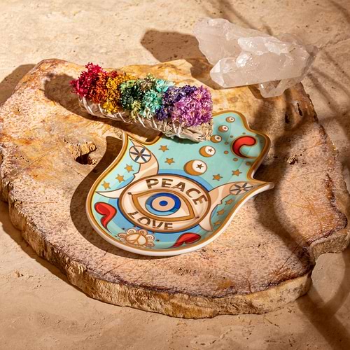 Karma and Luck  Home Decor  -  Balanced Spirit - Peace & Love Hamsa Plate 7 Chakra White Sage Box