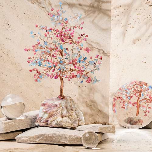 Karma and Luck  Tree of life  -  Soothing Optimism - Pink Tourmaline Aquamarine Feng Shui Tree of Life