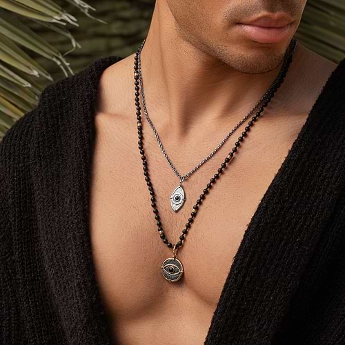 Karma and Luck  Necklaces - Mens  -  Deep Consciousness - Matte Onyx Evil Eye Pendant Necklace