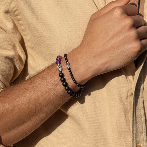 Karma and Luck  Bracelets - Mens  -  Soothing Protection - Amethyst Matte Onyx Evil Eye Charm Bracelet