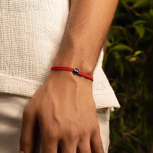 Karma and Luck  Bracelets - Red Mens  -  Hopeful Outlook - Red String Black Enamel Evil Eye Charm Bracelet